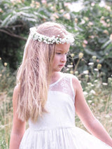 White Jewel Neck Sleeveless Sash Lace Formal Kids Pageant flower girl dresses-Dbrbridal