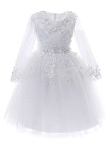 White Jewel Neck Sleeves Tulle Polyester Cotton Lace Embroidered Kids Party Dresses-Dbrbridal