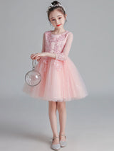 White Jewel Neck Sleeves Tulle Polyester Cotton Lace Embroidered Kids Party Dresses-Dbrbridal