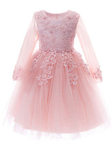 White Jewel Neck Sleeves Tulle Polyester Cotton Lace Embroidered Kids Party Dresses-Dbrbridal