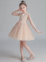 White Jewel Neck Sleeves Tulle Polyester Cotton Lace Embroidered Kids Party Dresses-Dbrbridal