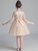 White Jewel Neck Sleeves Tulle Polyester Cotton Lace Embroidered Kids Party Dresses-Dbrbridal