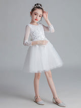 White Jewel Neck Sleeves Tulle Polyester Cotton Lace Embroidered Kids Party Dresses-Dbrbridal