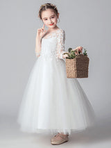White Jewel Neck Tulle Ankle-Length Princess Dress Cut Out Formal flower girl dresses-Dbrbridal