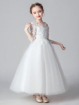 White Jewel Neck Tulle Ankle-Length Princess Dress Cut Out Formal flower girl dresses-Dbrbridal