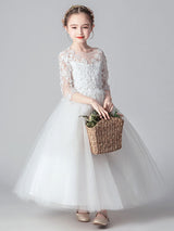 White Jewel Neck Tulle Ankle-Length Princess Dress Cut Out Formal flower girl dresses-Dbrbridal