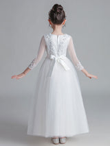 White Jewel Neck Tulle Polyester Lace Embroidered Formal Kids Pageant flower girl dresses-Dbrbridal