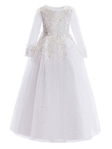 White Jewel Neck Tulle Polyester Lace Embroidered Formal Kids Pageant flower girl dresses-Dbrbridal