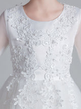White Jewel Neck Tulle Polyester Lace Embroidered Formal Kids Pageant flower girl dresses-Dbrbridal