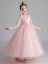 White Jewel Neck Tulle Polyester Lace Embroidered Formal Kids Pageant flower girl dresses-Dbrbridal