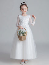 White Jewel Neck Tulle Polyester Lace Embroidered Formal Kids Pageant flower girl dresses-Dbrbridal