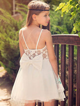 White Jewel Neck Tulle Sleeveless Short A-Line Bows Kids Party Dresses-Dbrbridal