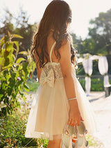 White Jewel Neck Tulle Sleeveless Short A-Line Bows Kids Party Dresses-Dbrbridal