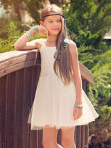 White Jewel Neck Tulle Sleeveless Short A-Line Bows Kids Party Dresses-Dbrbridal