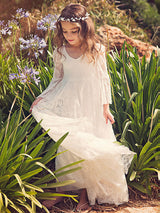 White Lace Flare Sleeve Sash A-line V Neck Ankle Length Boho flower girl dress-Dbrbridal