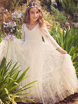 White Lace Flare Sleeve Sash A-line V Neck Ankle Length Boho flower girl dress-Dbrbridal