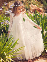 White Lace Flare Sleeve Sash A-line V Neck Ankle Length Boho flower girl dress-Dbrbridal