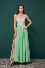 White Lace Spaghetti-StrapsS High Split Mint green Evening Party Gowns-Dbrbridal
