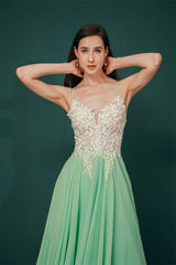 White Lace Spaghetti-StrapsS High Split Mint green Evening Party Gowns-Dbrbridal