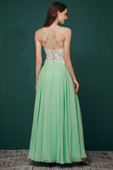 White Lace Spaghetti-StrapsS High Split Mint green Evening Party Gowns-Dbrbridal