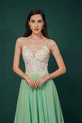 White Lace Spaghetti-StrapsS High Split Mint green Evening Party Gowns-Dbrbridal
