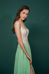 White Lace Spaghetti-StrapsS High Split Mint green Evening Party Gowns-Dbrbridal