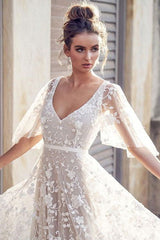 White Lace Wedding Dress Chic V-Neck A-Line Wedding Dress Short Sleeves Sexy Backless Bridal Gowns-Dbrbridal