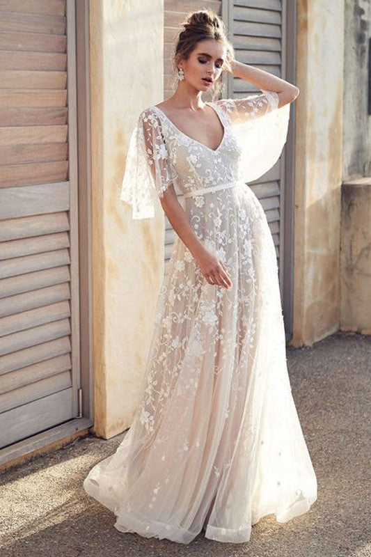 White Lace Wedding Dress V-Neck A-Line Wedding Dress Short Sleeves Backless Bridal Gowns Dbrbridal White Lace Wedding Dress V-Neck A-Line Wedding Dress Short Sleeves Backless Bridal Gowns Dbrbridal