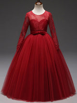 White Princess Pageant Dress Long Sleeve Lace Kids Bow Sash Long Party Dress-Dbrbridal