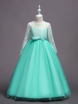 White Princess Pageant Dress Long Sleeve Lace Kids Bow Sash Long Party Dress-Dbrbridal