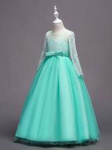 White Princess Pageant Dress Long Sleeve Lace Kids Bow Sash Long Party Dress-Dbrbridal