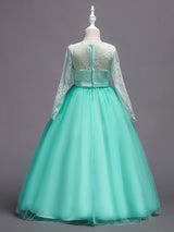 White Princess Pageant Dress Long Sleeve Lace Kids Bow Sash Long Party Dress-Dbrbridal