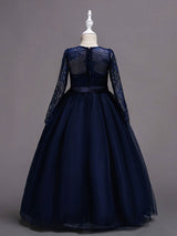 White Princess Pageant Dress Long Sleeve Lace Kids Bow Sash Long Party Dress-Dbrbridal