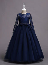 White Princess Pageant Dress Long Sleeve Lace Kids Bow Sash Long Party Dress-Dbrbridal