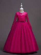 White Princess Pageant Dress Long Sleeve Lace Kids Bow Sash Long Party Dress-Dbrbridal