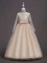 White Princess Pageant Dress Long Sleeve Lace Kids Bow Sash Long Party Dress-Dbrbridal