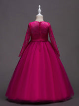 White Princess Pageant Dress Long Sleeve Lace Kids Bow Sash Long Party Dress-Dbrbridal