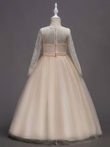 White Princess Pageant Dress Long Sleeve Lace Kids Bow Sash Long Party Dress-Dbrbridal