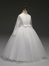 White Princess Pageant Dress Long Sleeve Lace Kids Bow Sash Long Party Dress-Dbrbridal