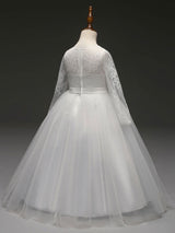 White Princess Pageant Dress Long Sleeve Lace Kids Bow Sash Long Party Dress-Dbrbridal