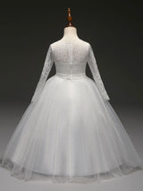 White Princess Pageant Dress Long Sleeve Lace Kids Bow Sash Long Party Dress-Dbrbridal