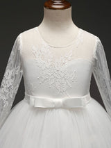 White Princess Pageant Dress Long Sleeve Lace Kids Bow Sash Long Party Dress-Dbrbridal