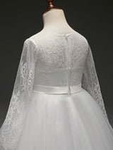 White Princess Pageant Dress Long Sleeve Lace Kids Bow Sash Long Party Dress-Dbrbridal