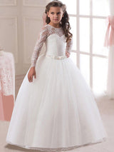 White Princess Pageant Dress Long Sleeve Lace Kids Bow Sash Long Party Dress-Dbrbridal