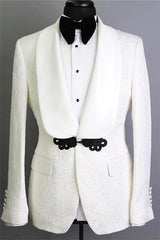 White Shawl Lapel Jacquard Groom Suits Elegant Slim Fit Tuxedos for Wedding 2 Pieces-Dbrbridal