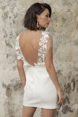 White Short Wedding Dresses Illusion Neckline Jewel Neck Short Sleeves Column Lace Bows Cut-Outs Ruffles Bridal Gowns-Dbrbridal