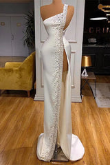 White Sleeveless Mermaid Prom Dress With High Split Beadings-Dbrbridal