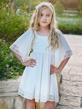 White Square Neck Polyester Short Sleeves Short A-Line Kids Social Party Dresses-Dbrbridal