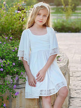 White Square Neck Polyester Short Sleeves Short A-Line Kids Social Party Dresses-Dbrbridal