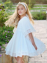 White Square Neck Polyester Short Sleeves Short A-Line Kids Social Party Dresses-Dbrbridal